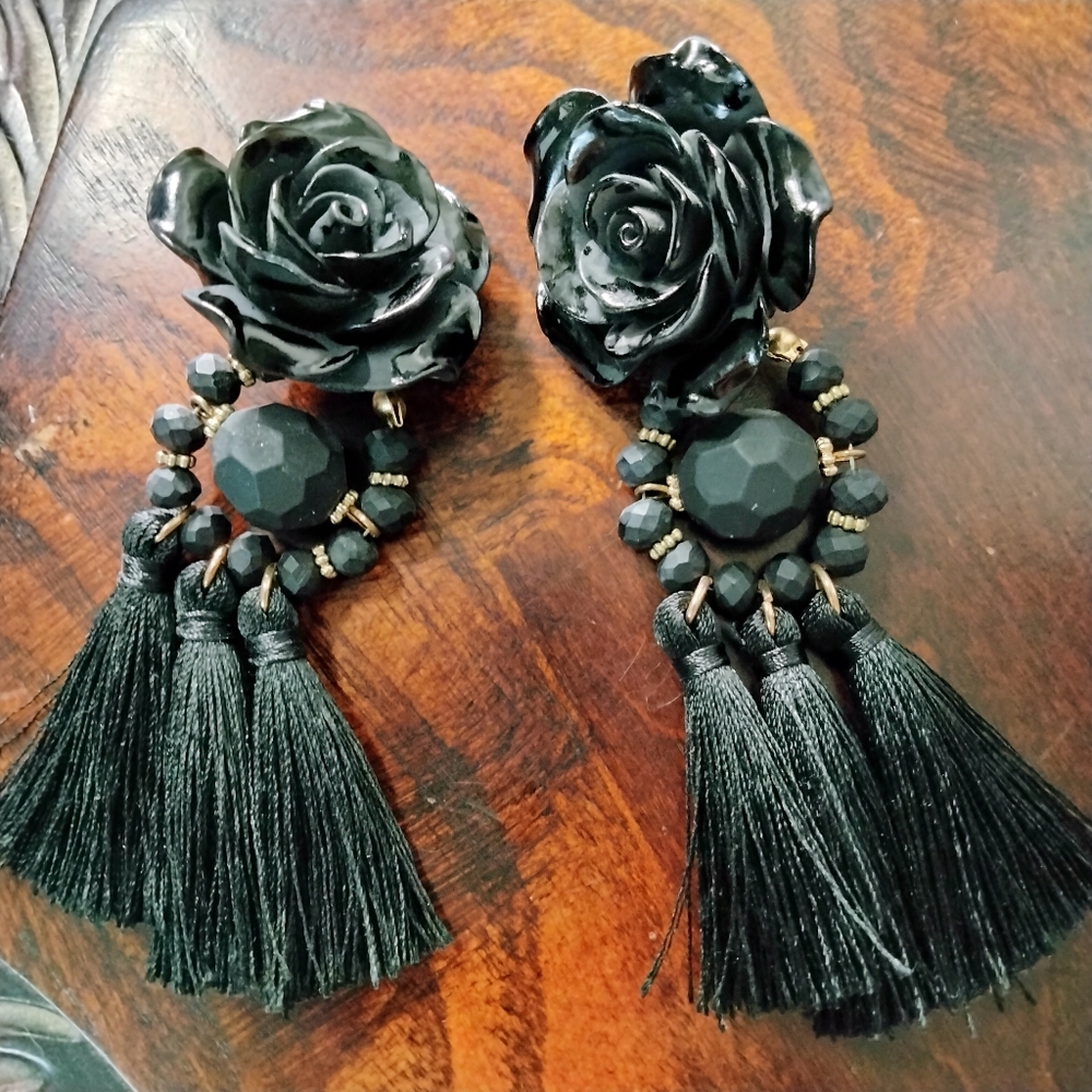 Black Rose Tassle Earrings